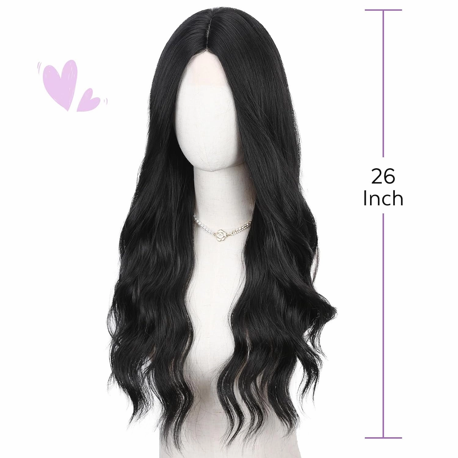 HANNE Long Wavy Black Wig Small Lace Synthetic Wig 26 Inch Natural Wavy Black Wigs for White Women(1B)