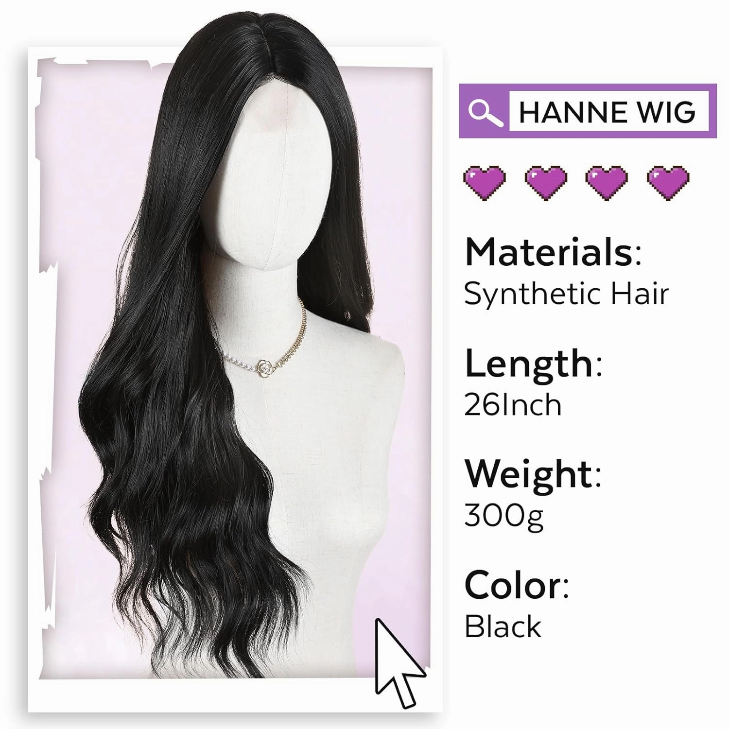 HANNE Long Wavy Black Wig Small Lace Synthetic Wig 26 Inch Natural Wavy Black Wigs for White Women(1B)