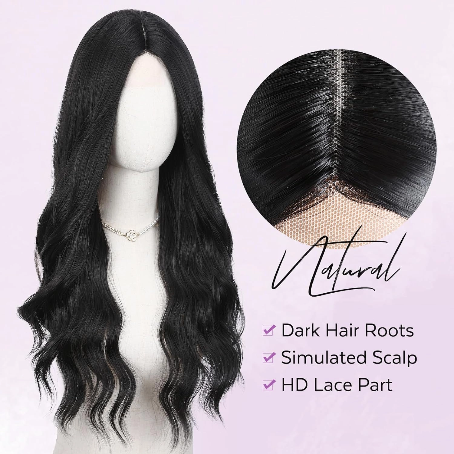 HANNE Long Wavy Black Wig Small Lace Synthetic Wig 26 Inch Natural Wavy Black Wigs for White Women(1B)