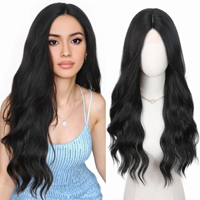 HANNE Long Wavy Black Wig Small Lace Synthetic Wig 26 Inch Natural Wavy Black Wigs for White Women(1B)