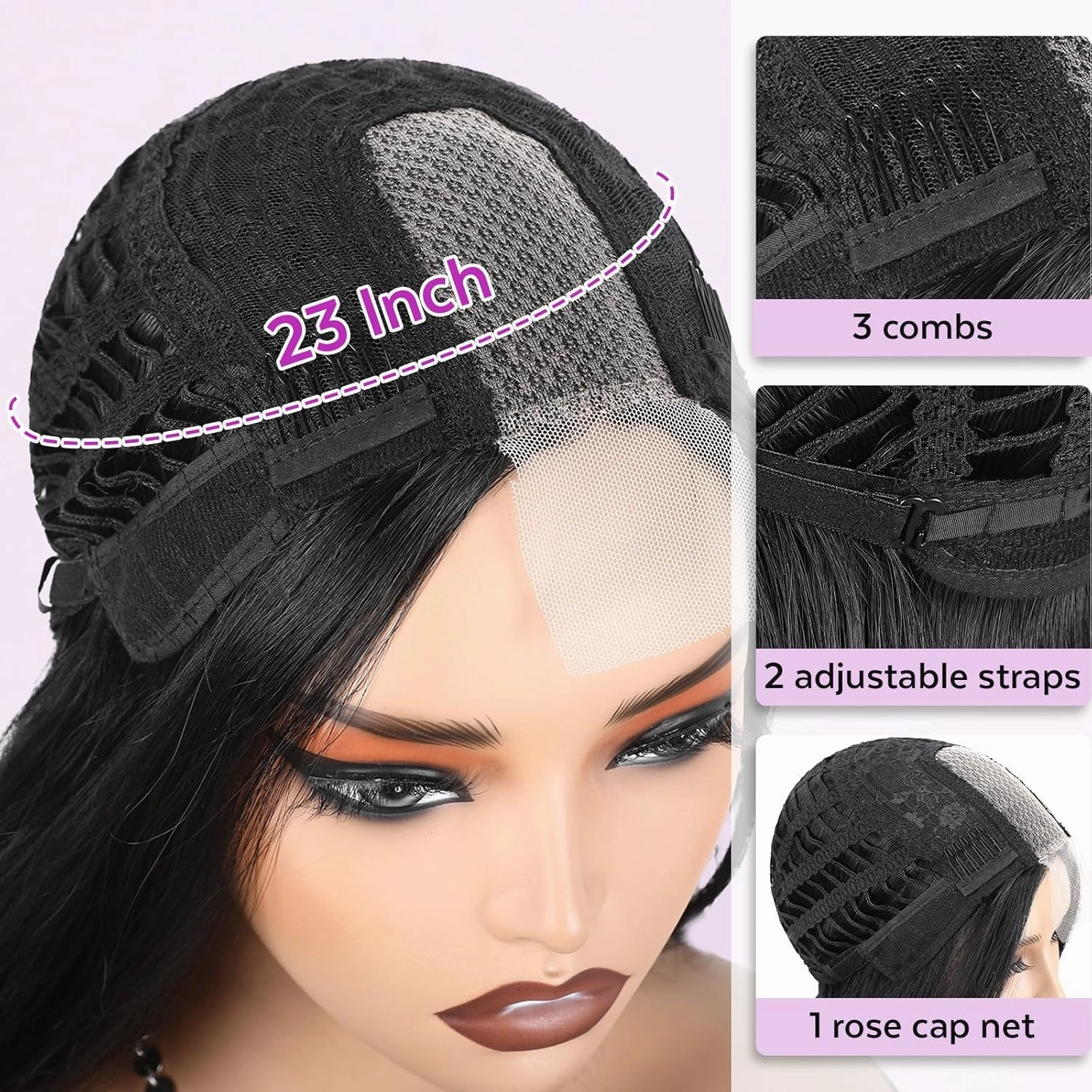HANNE Long Wavy Black Wig Small Lace Synthetic Wig 26 Inch Natural Wavy Black Wigs for White Women(1B)