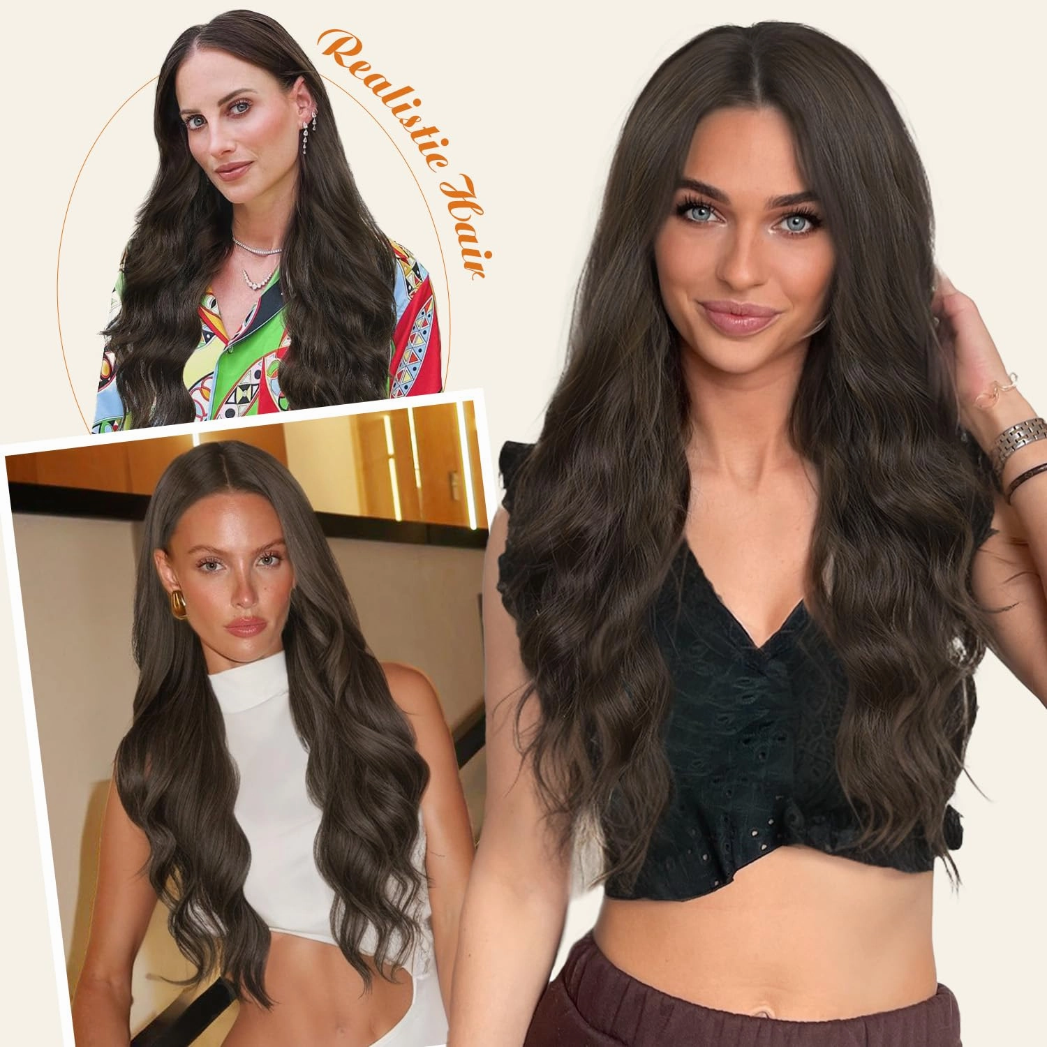 HANNE Long Wavy Dark Brown Wig Small Lace Synthetic Wig 26 Inch Natural Wavy Brown Wigs for White Women(Dark Brown)