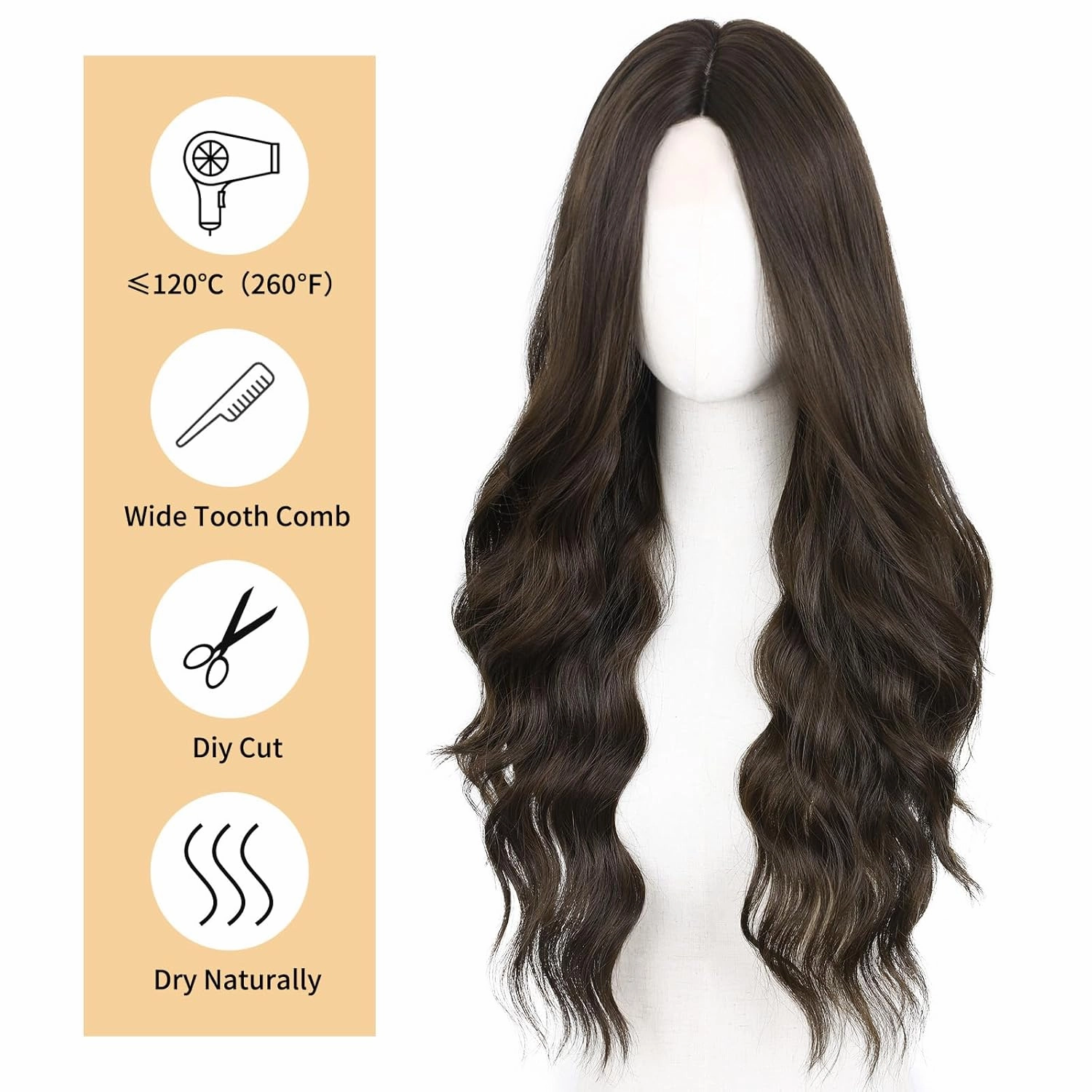 HANNE Long Wavy Dark Brown Wig Small Lace Synthetic Wig 26 Inch Natural Wavy Brown Wigs for White Women(Dark Brown)