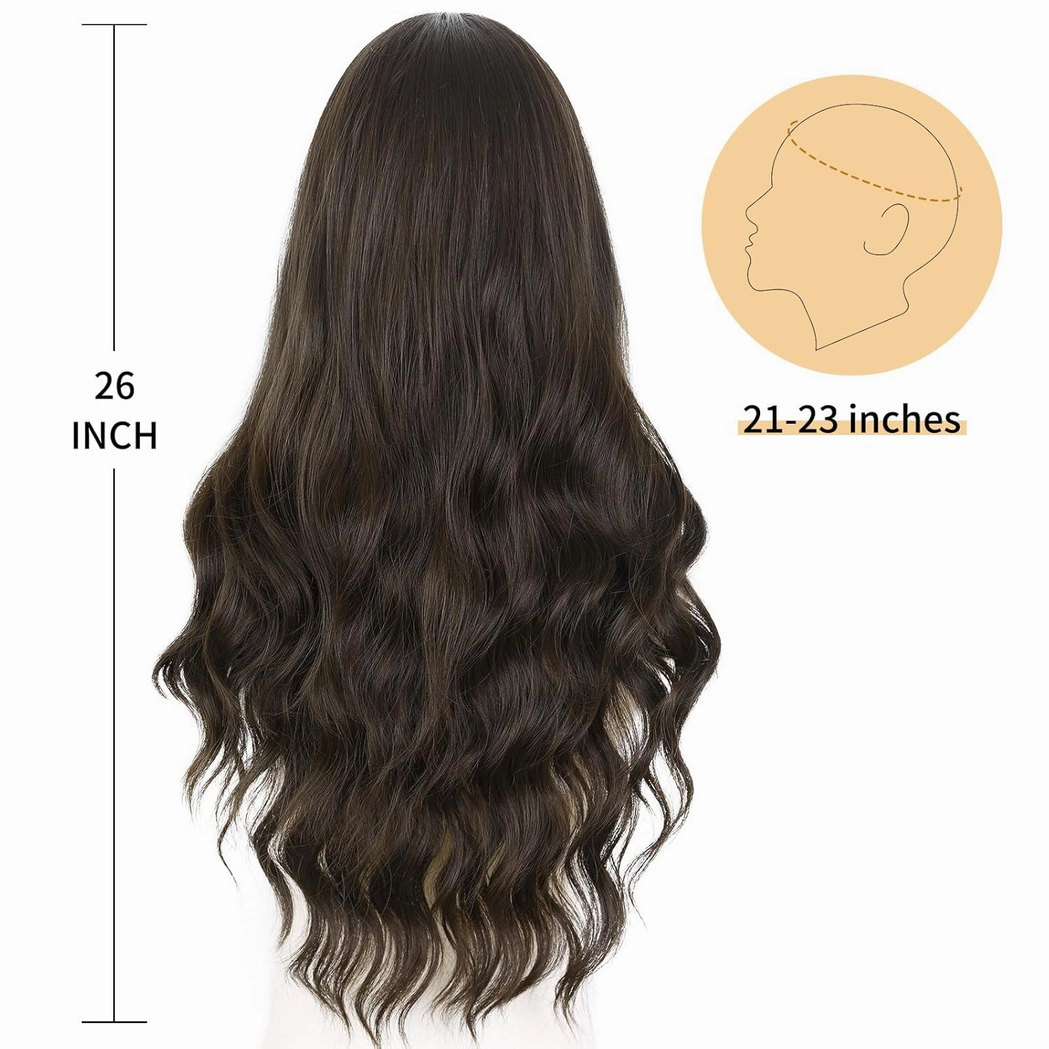 HANNE Long Wavy Dark Brown Wig Small Lace Synthetic Wig 26 Inch Natural Wavy Brown Wigs for White Women(Dark Brown)