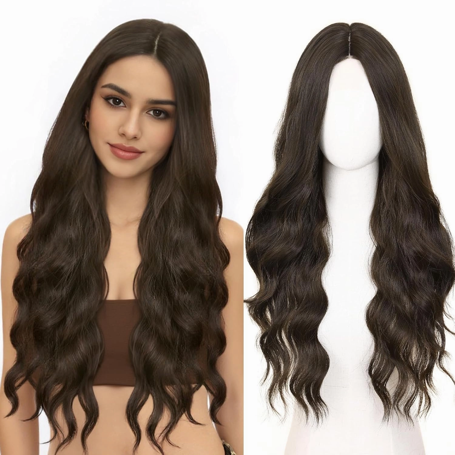 HANNE Long Wavy Dark Brown Wig Small Lace Synthetic Wig 26 Inch Natural Wavy Brown Wigs for White Women(Dark Brown)