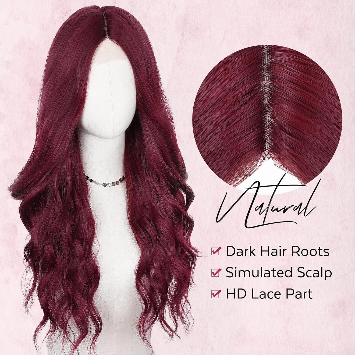 HANNE Long Wavy Wine Red Wig for White Women Natural 26Inch Burgundy Wig Middle Part Lace Hairline Synthetic Wigs Realistic Natural Hair Wigs for Daily/Party(Red 26Inch)