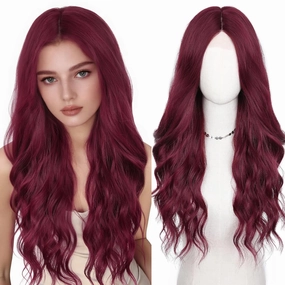 HANNE Long Wavy Wine Red Wig for White Women Natural 26Inch Burgundy Wig Middle Part Lace Hairline Synthetic Wigs Realistic Natural Hair Wigs for Daily/Party(Red 26Inch)