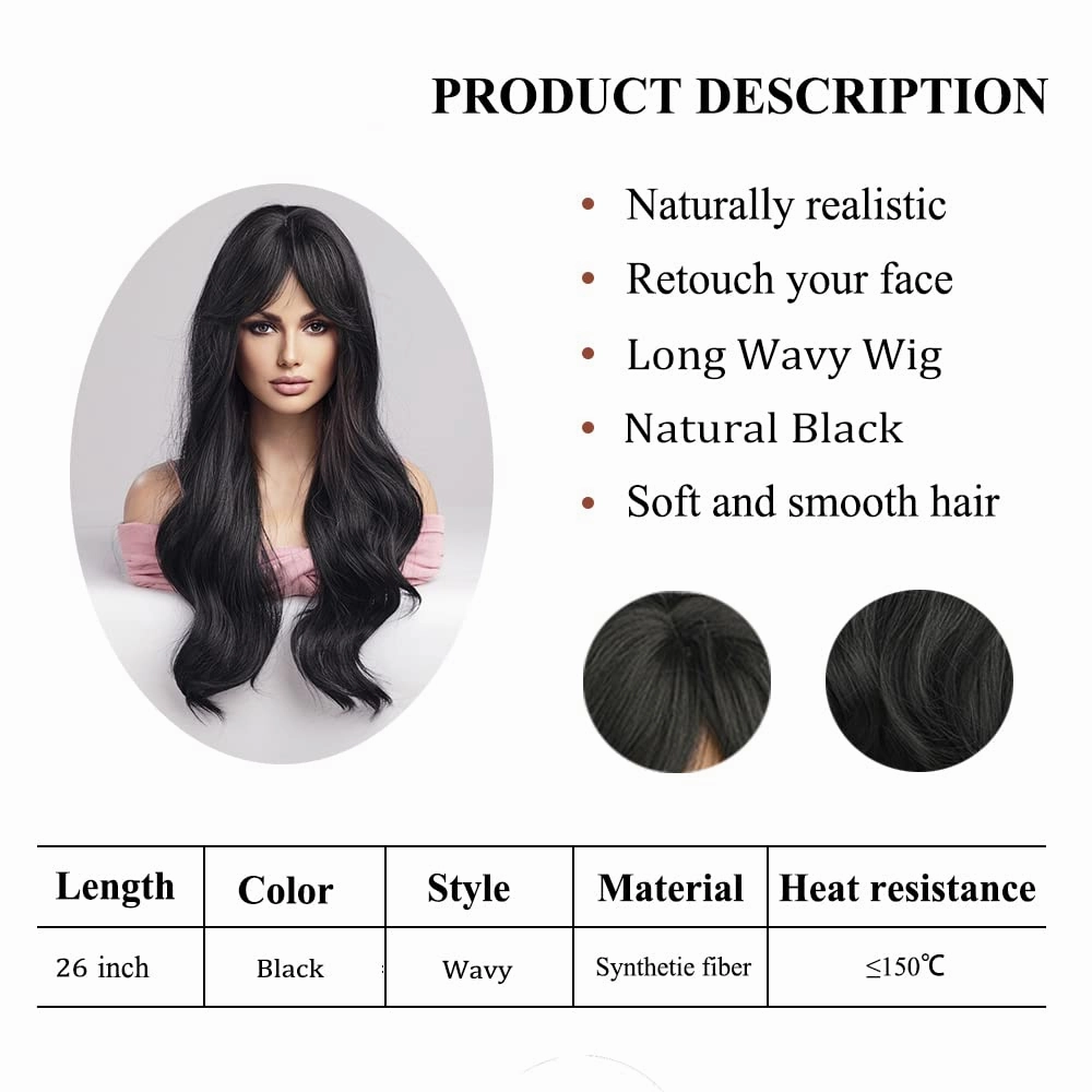 Haoland Black Wig for Women 26 Inch Long Wavy Synthetic Wig With Bangs Heat Resistant Natural Black Wig For Daily Use