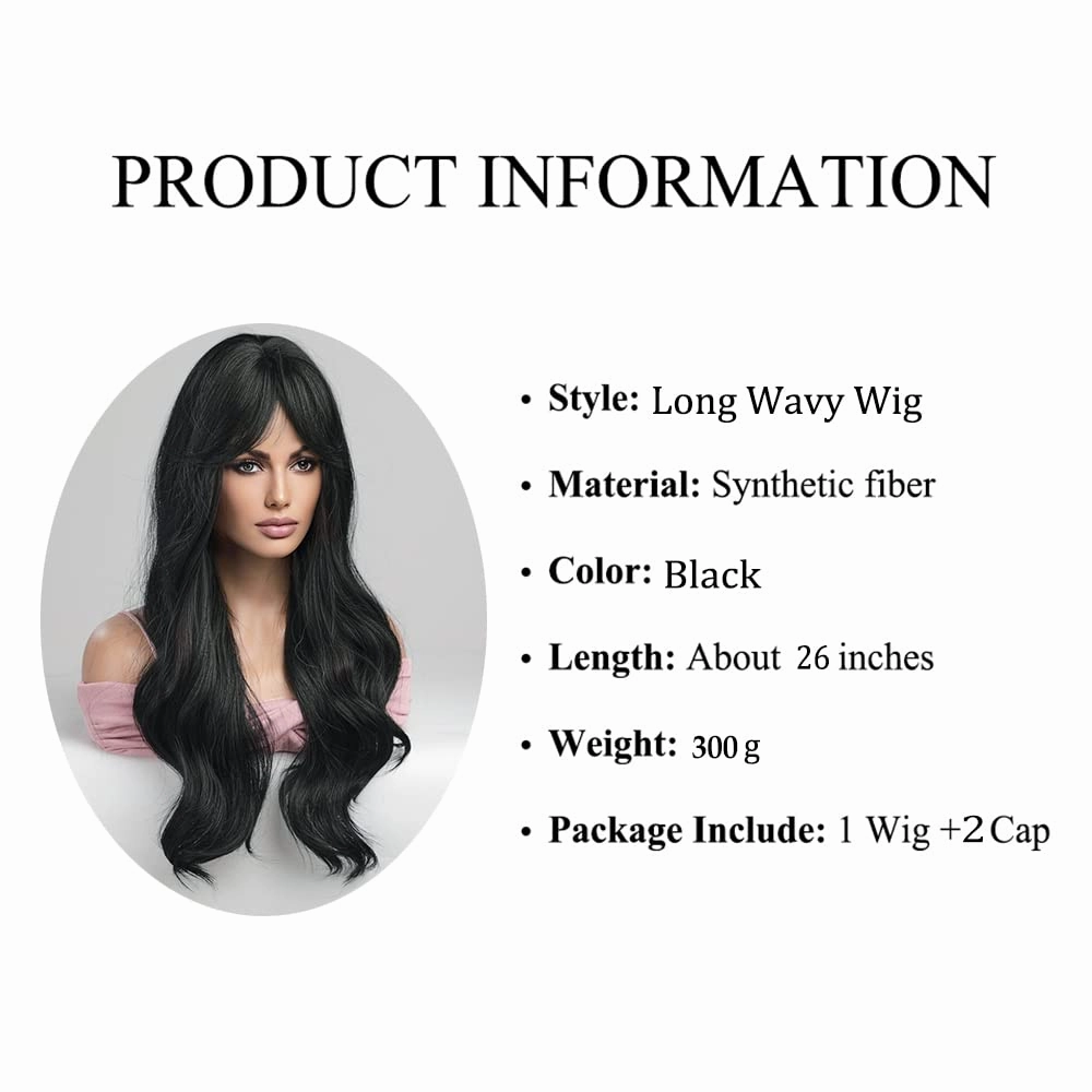 Haoland Black Wig for Women 26 Inch Long Wavy Synthetic Wig With Bangs Heat Resistant Natural Black Wig For Daily Use