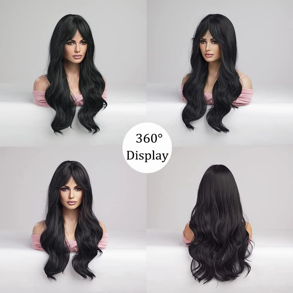 Haoland Black Wig for Women 26 Inch Long Wavy Synthetic Wig With Bangs Heat Resistant Natural Black Wig For Daily Use