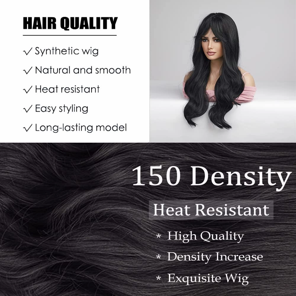 Haoland Black Wig for Women 26 Inch Long Wavy Synthetic Wig With Bangs Heat Resistant Natural Black Wig For Daily Use