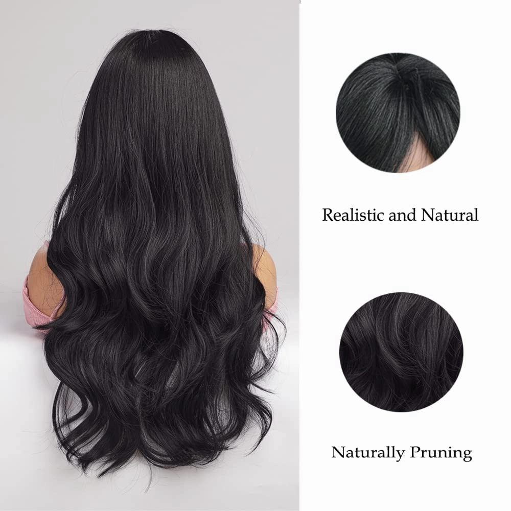 Haoland Black Wig for Women 26 Inch Long Wavy Synthetic Wig With Bangs Heat Resistant Natural Black Wig For Daily Use