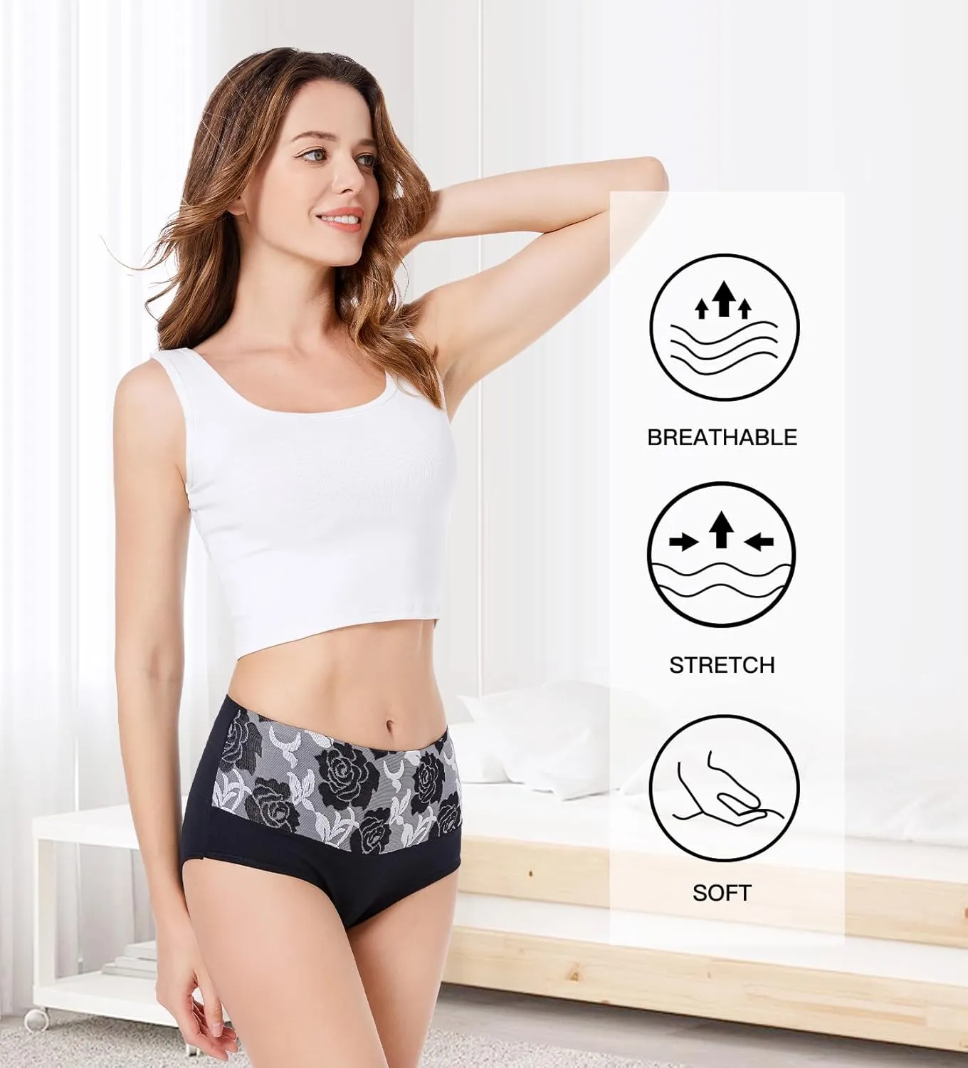HAVVIS Women's Briefs Underwear Cotton High Waist Tummy Control Panties Rose Jacquard Ladies Panty Multipack