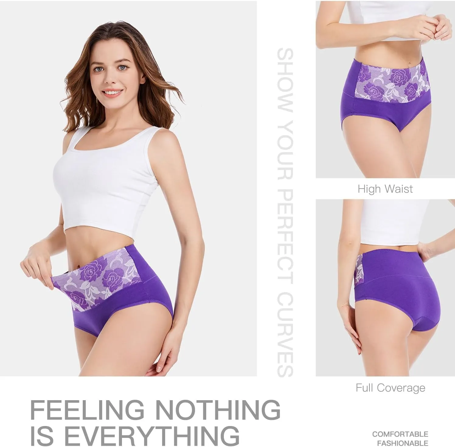 HAVVIS Women's Briefs Underwear Cotton High Waist Tummy Control Panties Rose Jacquard Ladies Panty Multipack