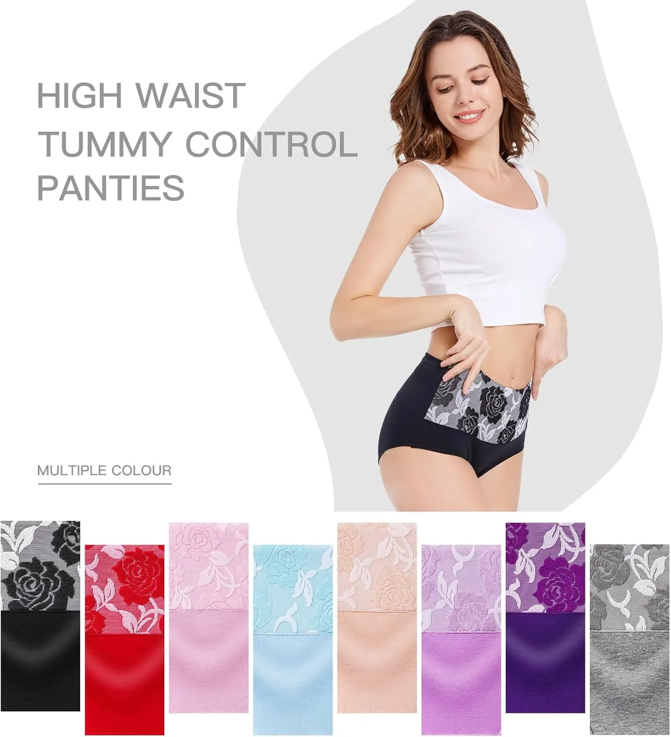 HAVVIS Women's Briefs Underwear Cotton High Waist Tummy Control Panties Rose Jacquard Ladies Panty Multipack