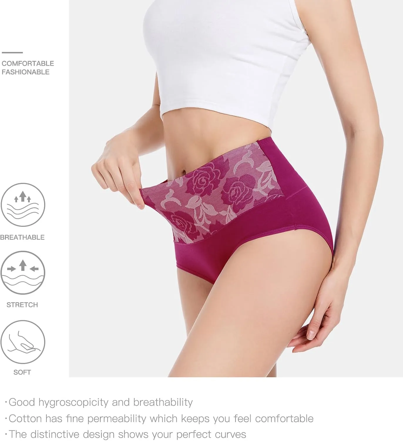 HAVVIS Women's Briefs Underwear Cotton High Waist Tummy Control Panties Rose Jacquard Ladies Panty Multipack