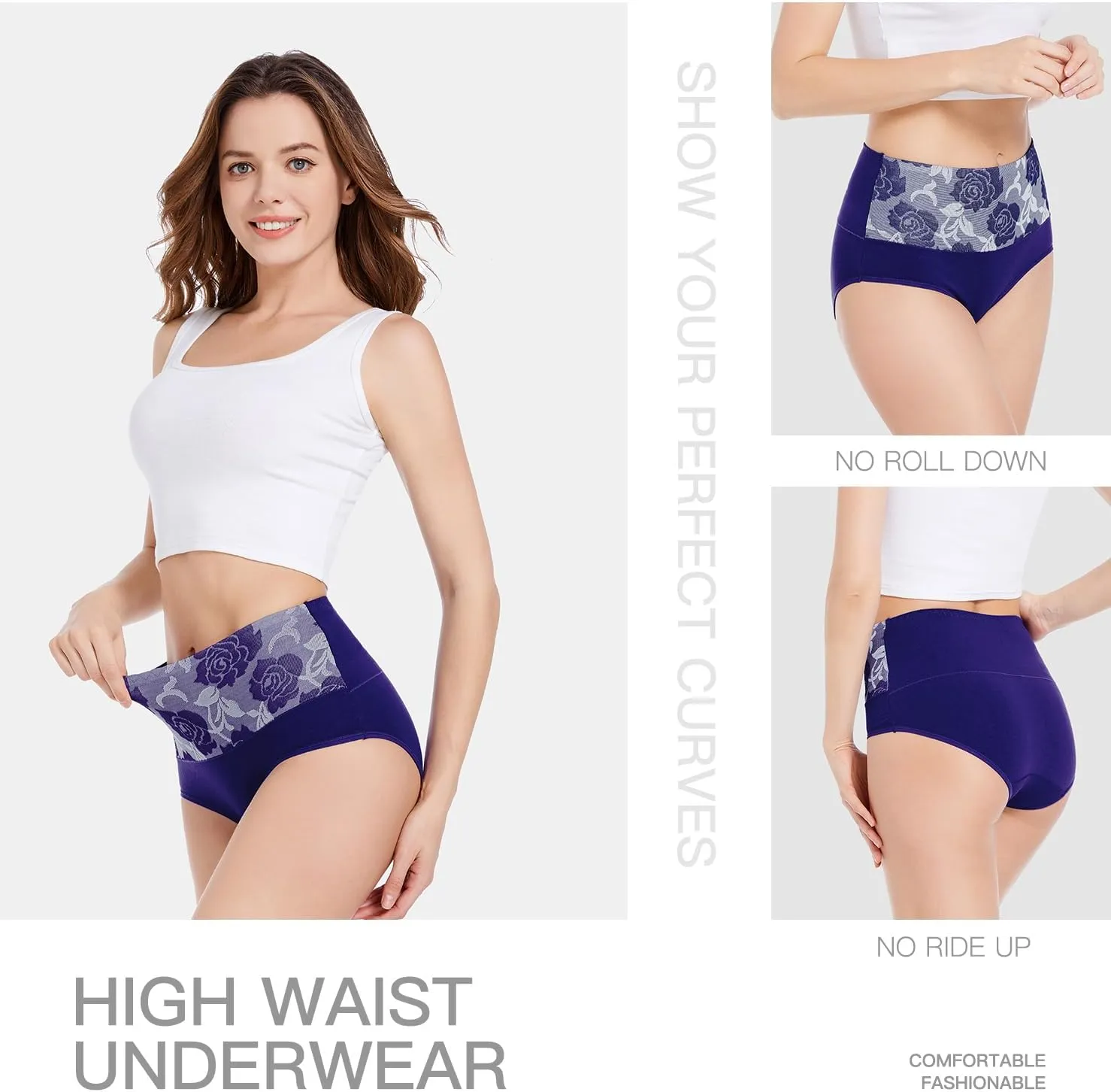 HAVVIS Women's Briefs Underwear Cotton High Waist Tummy Control Panties Rose Jacquard Ladies Panty Multipack