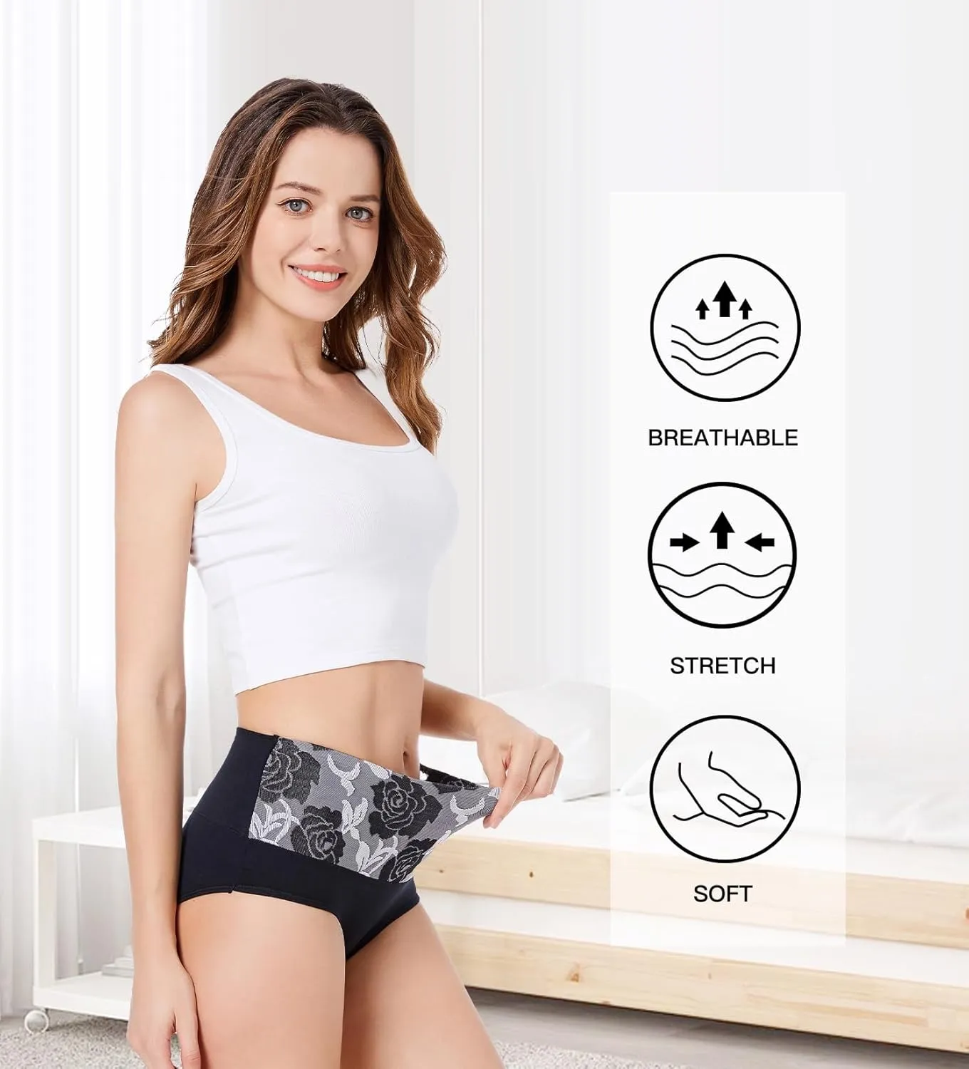 HAVVIS Women's Briefs Underwear Cotton High Waist Tummy Control Panties Rose Jacquard Ladies Panty Multipack