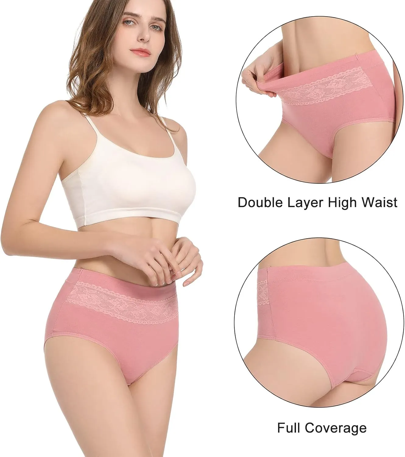 HAVVIS Women's Briefs Underwear Cotton High Waist Tummy Control Panties Rose Jacquard Ladies Panty Multipack