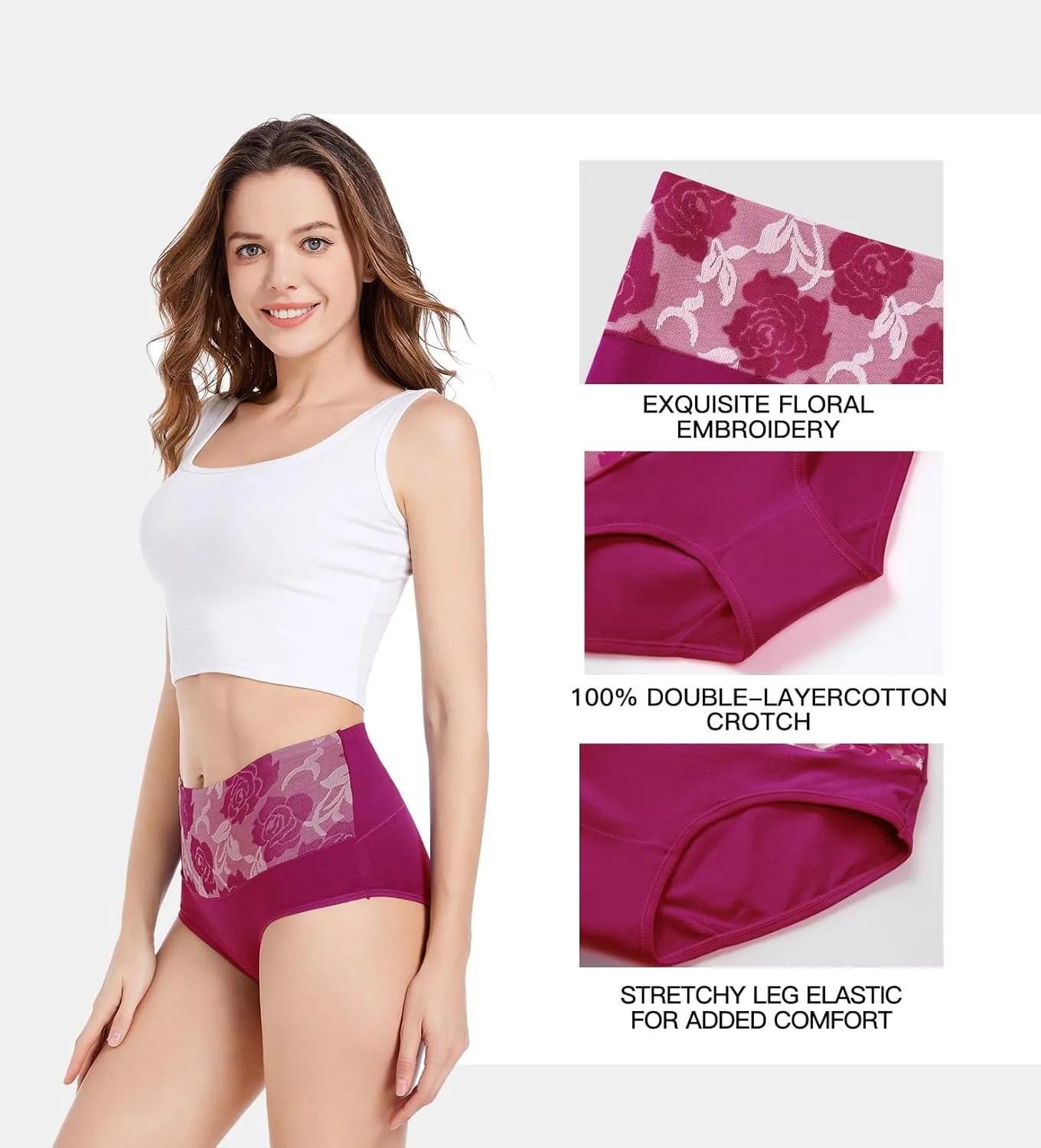 HAVVIS Women's Briefs Underwear Cotton High Waist Tummy Control Panties Rose Jacquard Ladies Panty Multipack