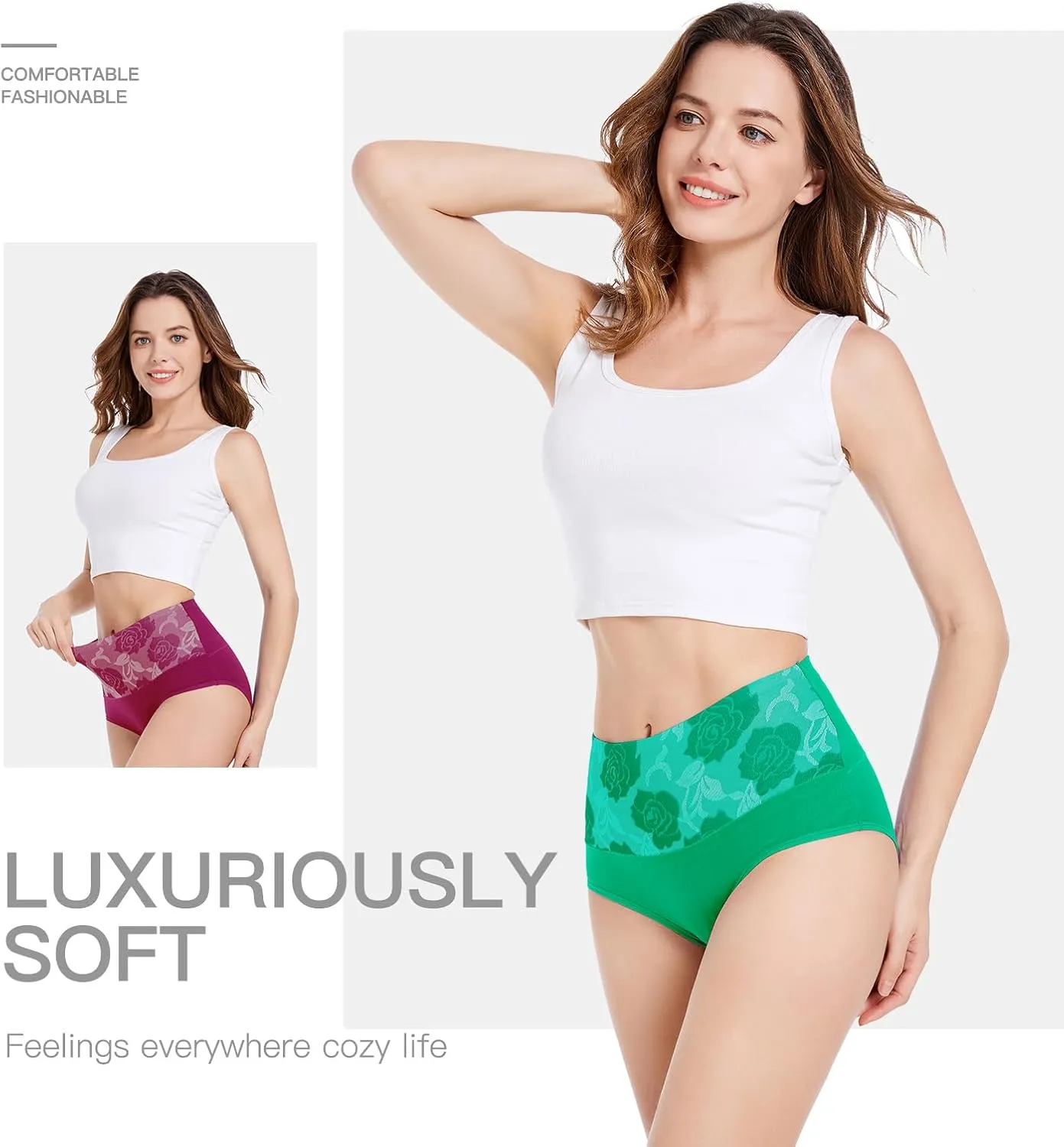 HAVVIS Women's Briefs Underwear Cotton High Waist Tummy Control Panties Rose Jacquard Ladies Panty Multipack