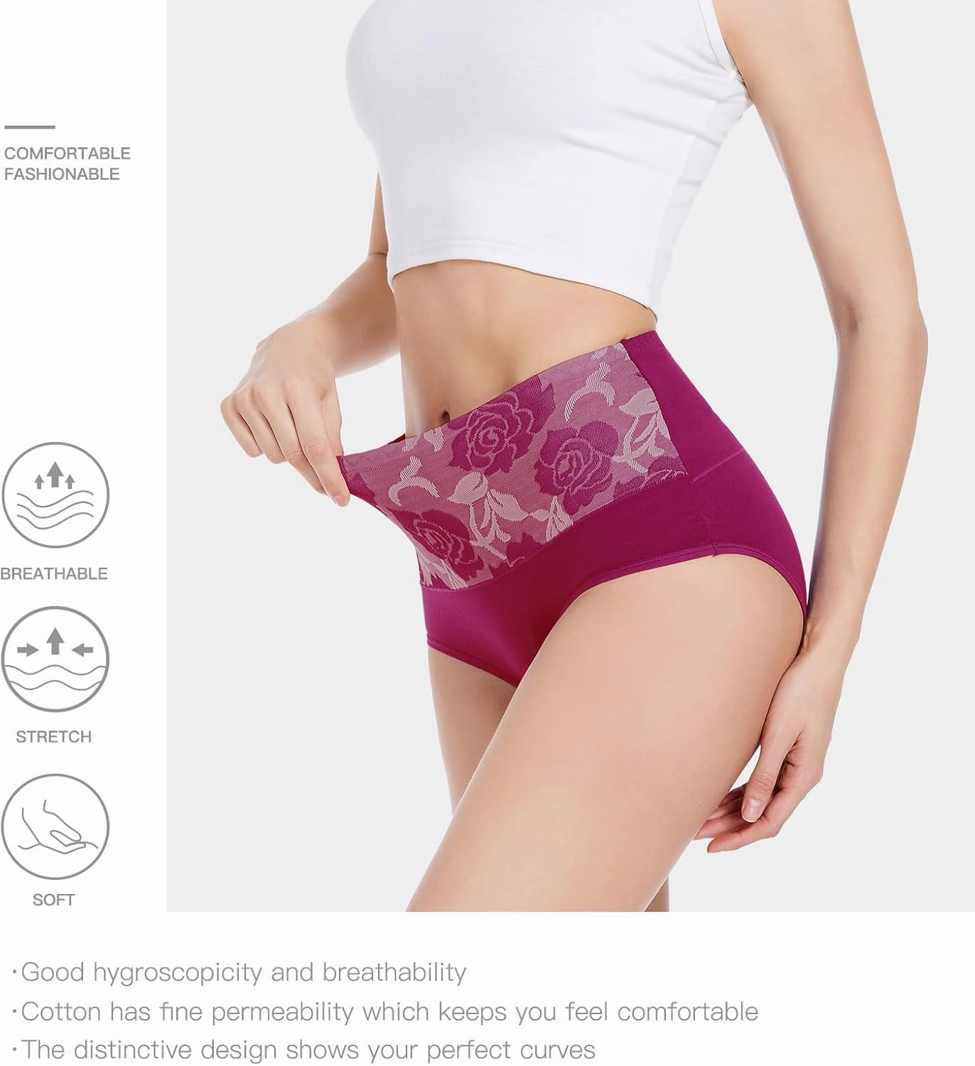 HAVVIS Women's Briefs Underwear Cotton High Waist Tummy Control Panties Rose Jacquard Ladies Panty Multipack