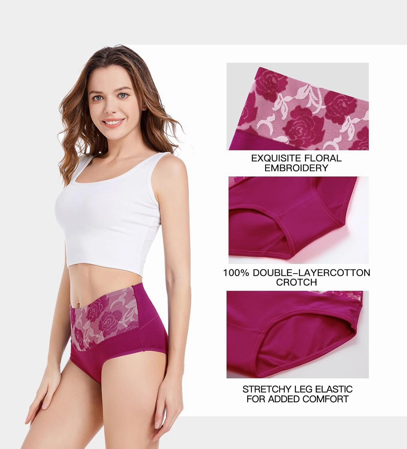HAVVIS Women's Briefs Underwear Cotton High Waist Tummy Control Panties Rose Jacquard Ladies Panty Multipack
