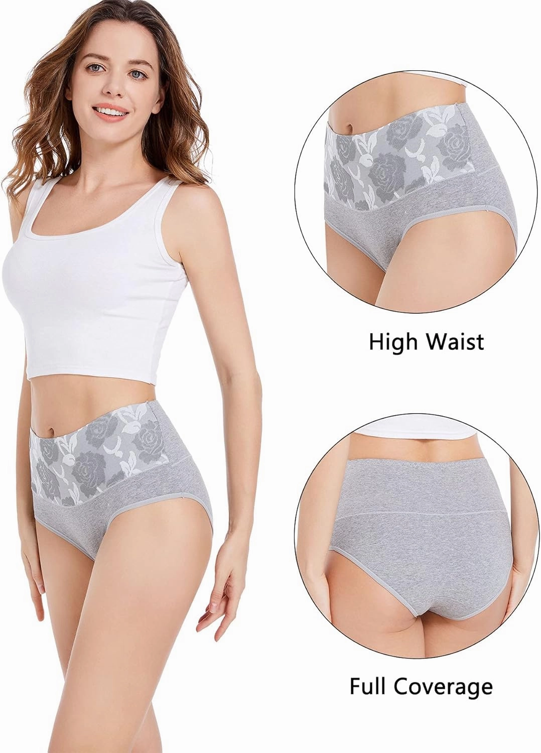 HAVVIS Women's Briefs Underwear Cotton High Waist Tummy Control Panties Rose Jacquard Ladies Panty Multipack
