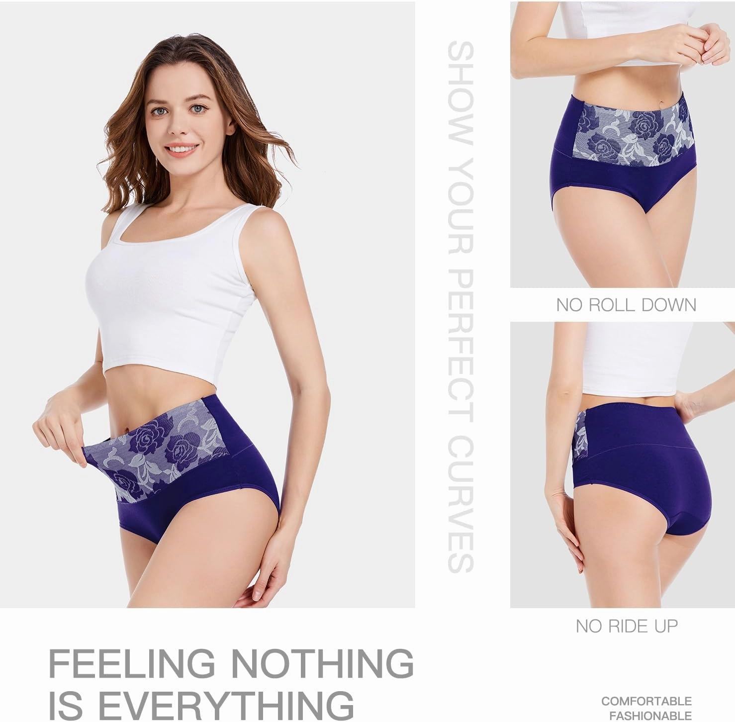HAVVIS Women's Briefs Underwear Cotton High Waist Tummy Control Panties Rose Jacquard Ladies Panty Multipack