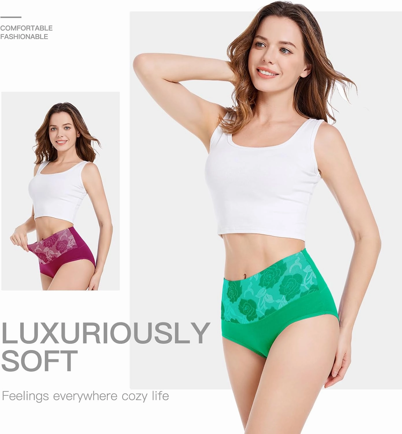 HAVVIS Women's Briefs Underwear Cotton High Waist Tummy Control Panties Rose Jacquard Ladies Panty Multipack