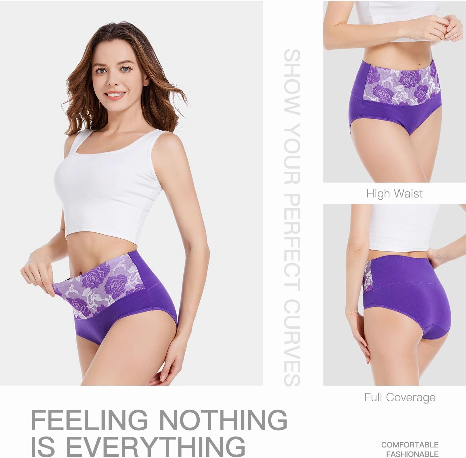 HAVVIS Women's Briefs Underwear Cotton High Waist Tummy Control Panties Rose Jacquard Ladies Panty Multipack