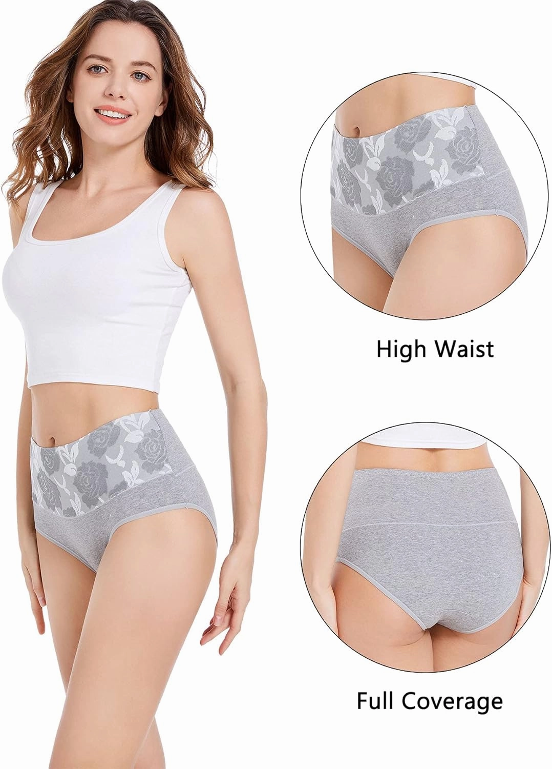 HAVVIS Women's Briefs Underwear Cotton High Waist Tummy Control Panties Rose Jacquard Ladies Panty Multipack