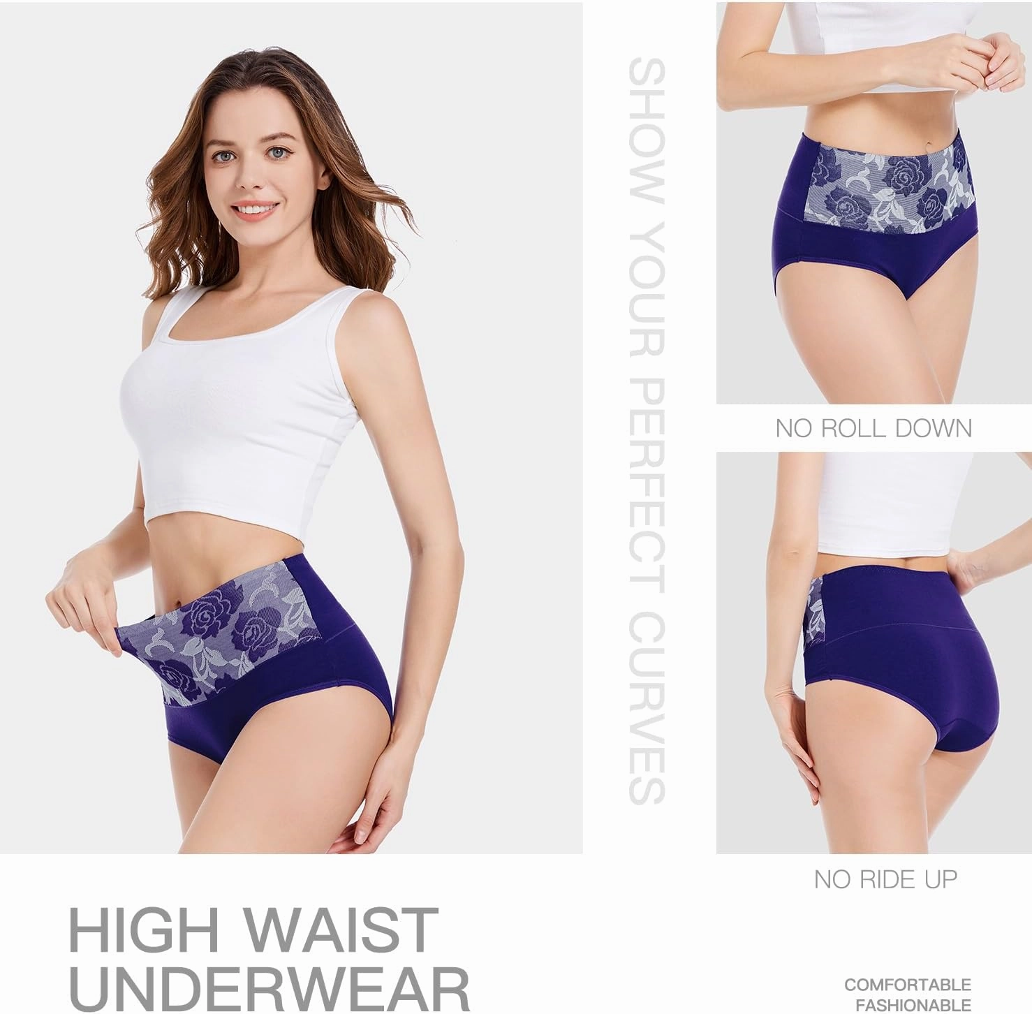 HAVVIS Women's Briefs Underwear Cotton High Waist Tummy Control Panties Rose Jacquard Ladies Panty Multipack