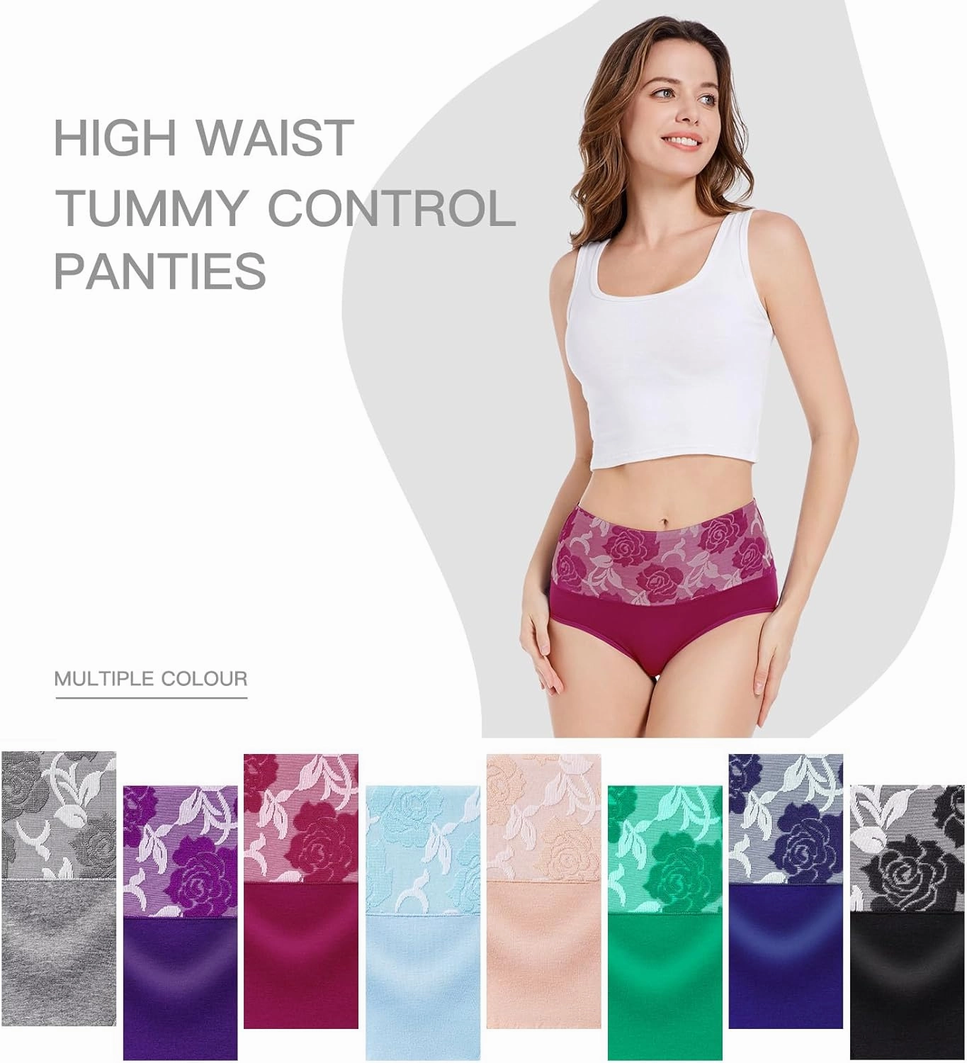 HAVVIS Women's Briefs Underwear Cotton High Waist Tummy Control Panties Rose Jacquard Ladies Panty Multipack