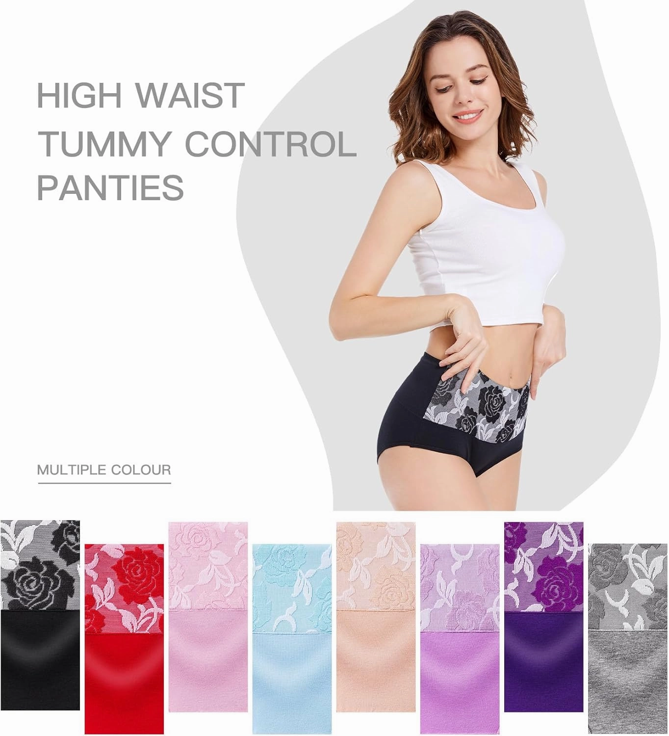 HAVVIS Women's Briefs Underwear Cotton High Waist Tummy Control Panties Rose Jacquard Ladies Panty Multipack