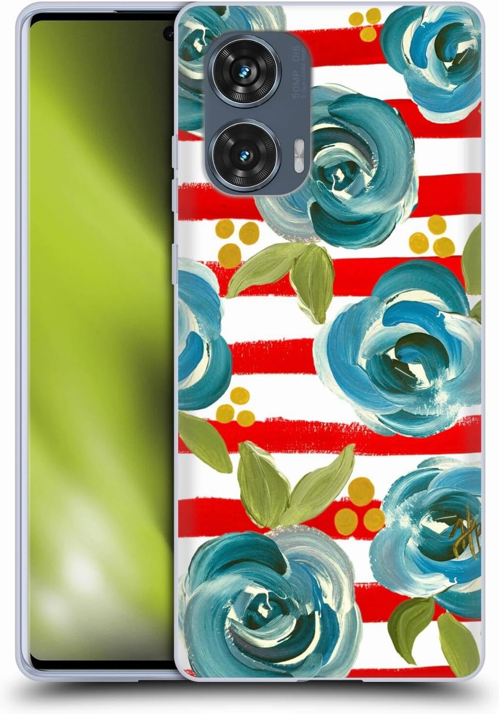 Head Case Designs Officially Licensed Haley Bush Blue Rose Red Stripe Floral Painting Soft Gel Case Compatible with Motorola Edge 50 Fusion