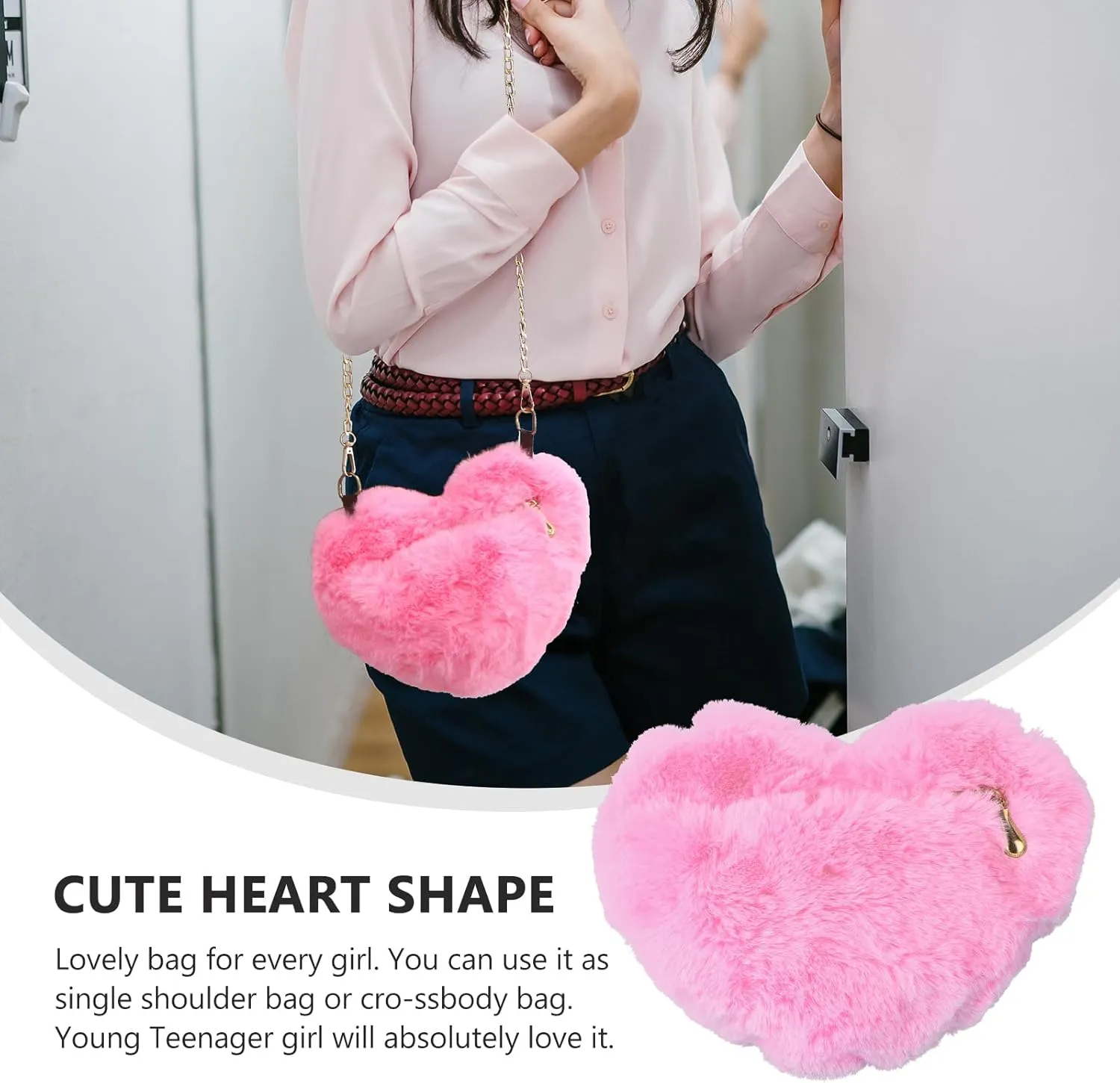 Heart Shaped Purse Soft Fluffy Faux Fur Crossbody Bag Handbag Shoulder Bag with Chain for Women Girls Valentines Day