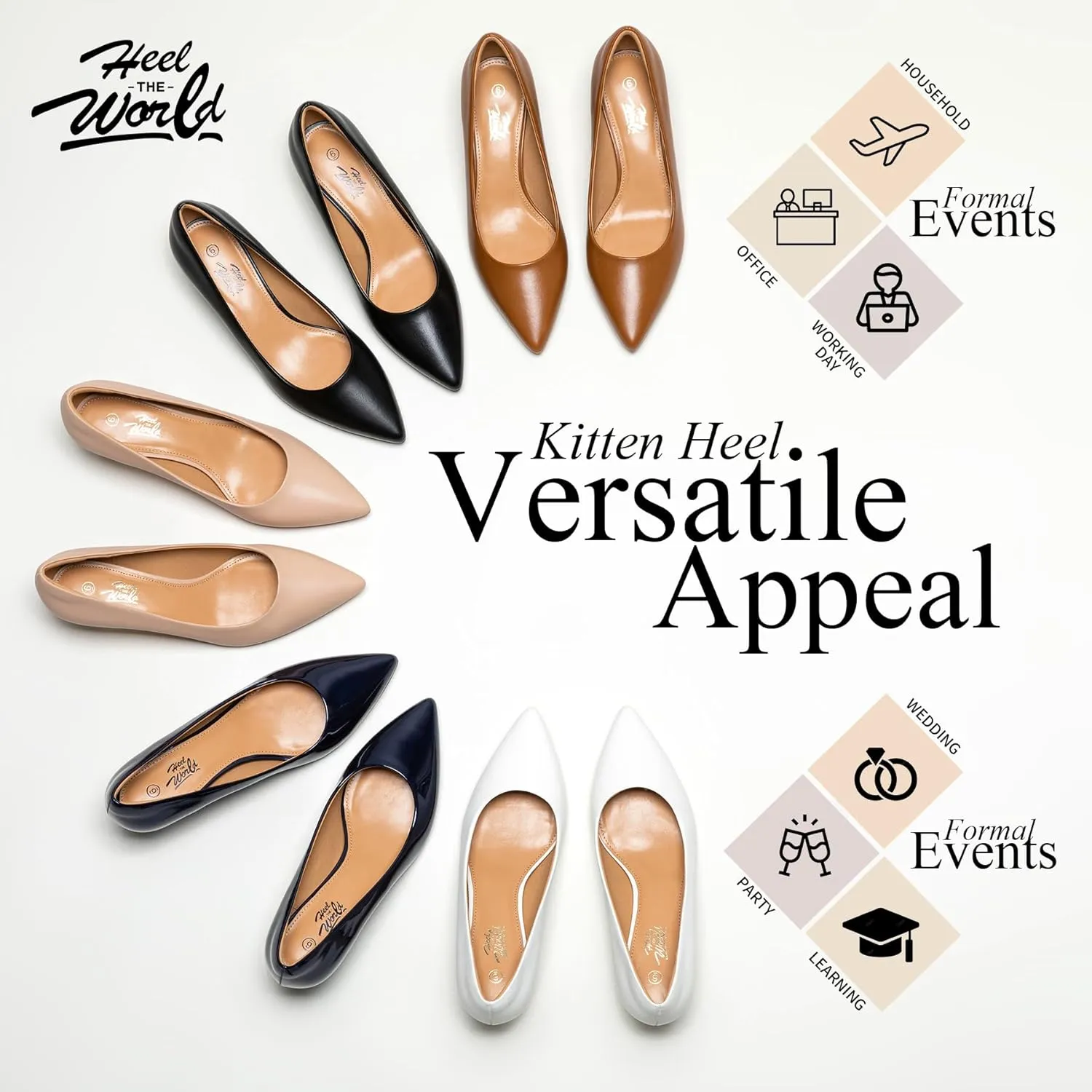 Heel The World Women's Pumps, Black Nude White Gold Brown Kitten Heels for Women 2 inch