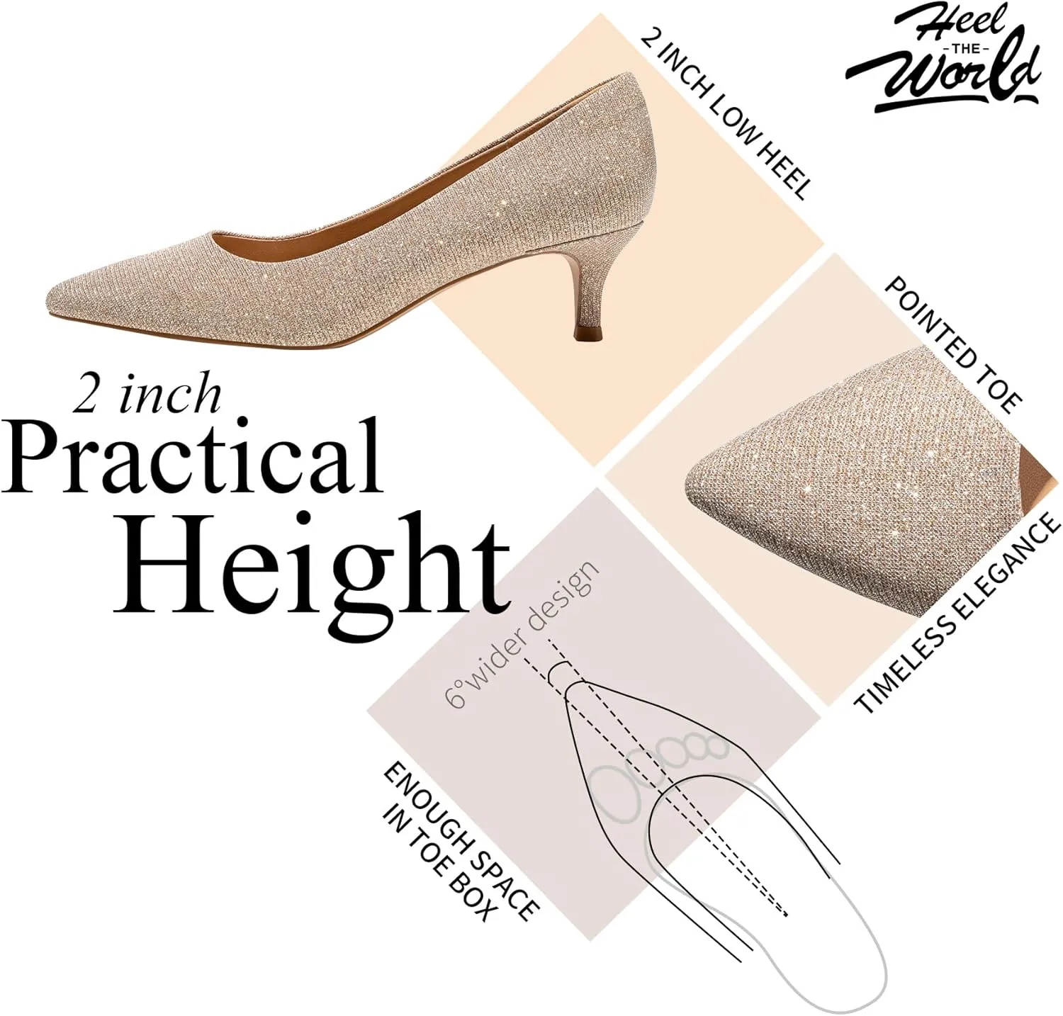 Heel The World Women's Pumps, Black Nude White Gold Brown Kitten Heels for Women 2 inch