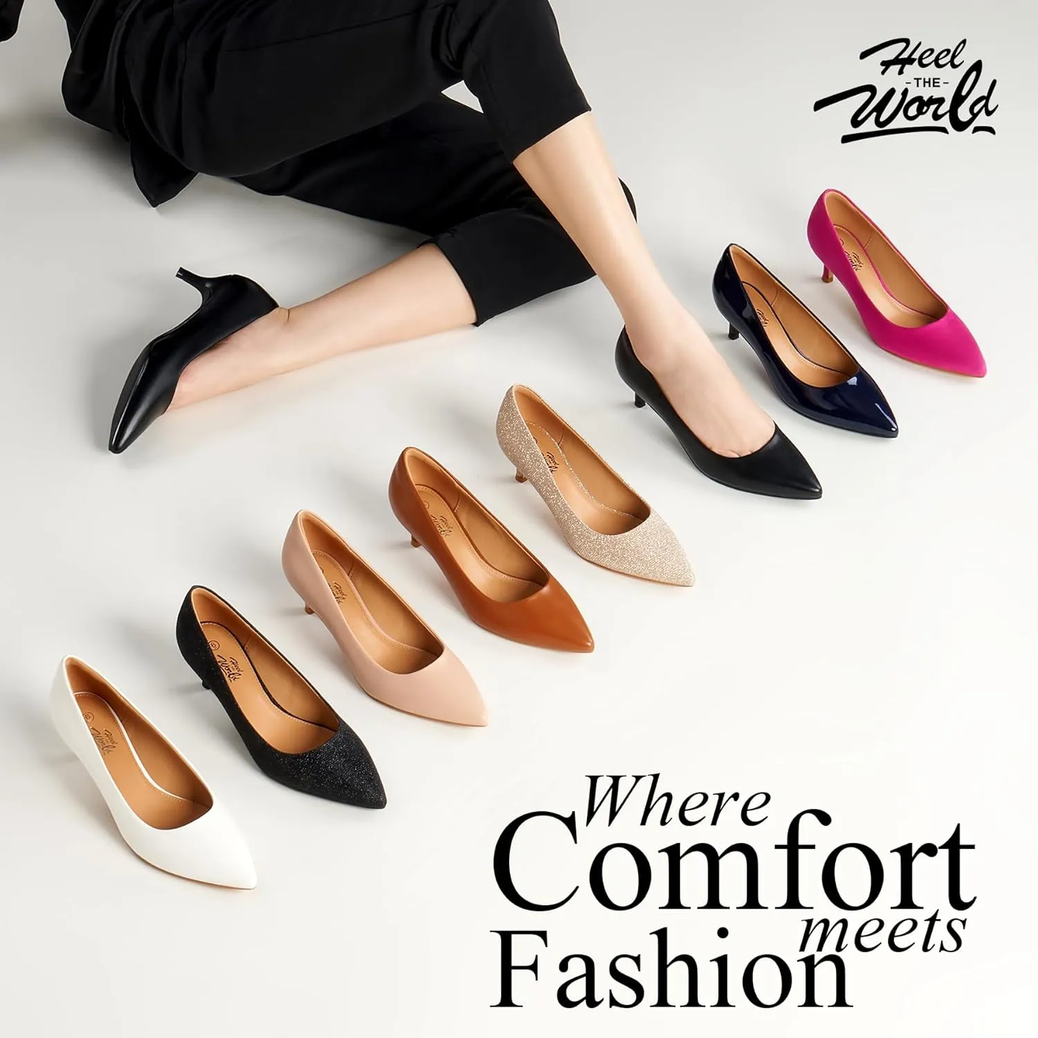 Heel The World Women's Pumps, Black Nude White Gold Brown Kitten Heels for Women 2 inch