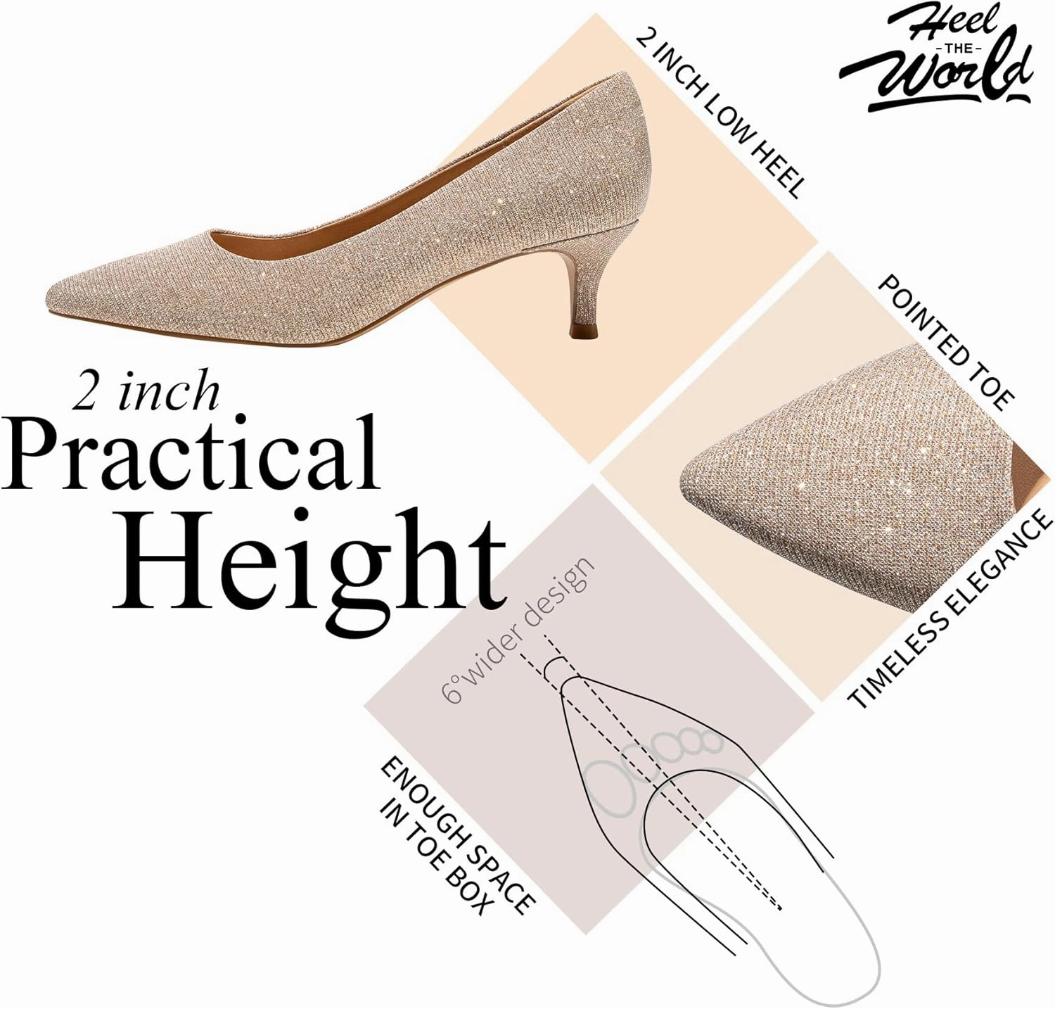 Heel The World Women's Pumps, Black Nude White Gold Brown Kitten Heels for Women 2 inch