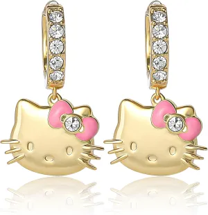 Hello Kitty Earrings for Women with Pave Crystals Official License, 18k Gold Flash-Plated Hello Dangle or Hoop Earrings