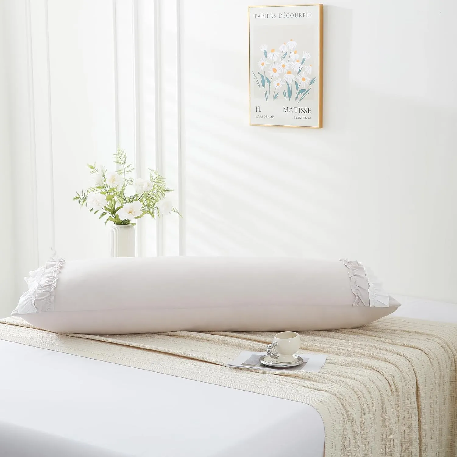 Herside Beige Body Pillow Cover,White Ruffle Pillow Sham,20x54 inches Body Pillow Case,French Country Vintage Ruffled Long Pillow Cover,Cute Bow Pillowcase 1 Pack Ultra Soft Washed Microfiber