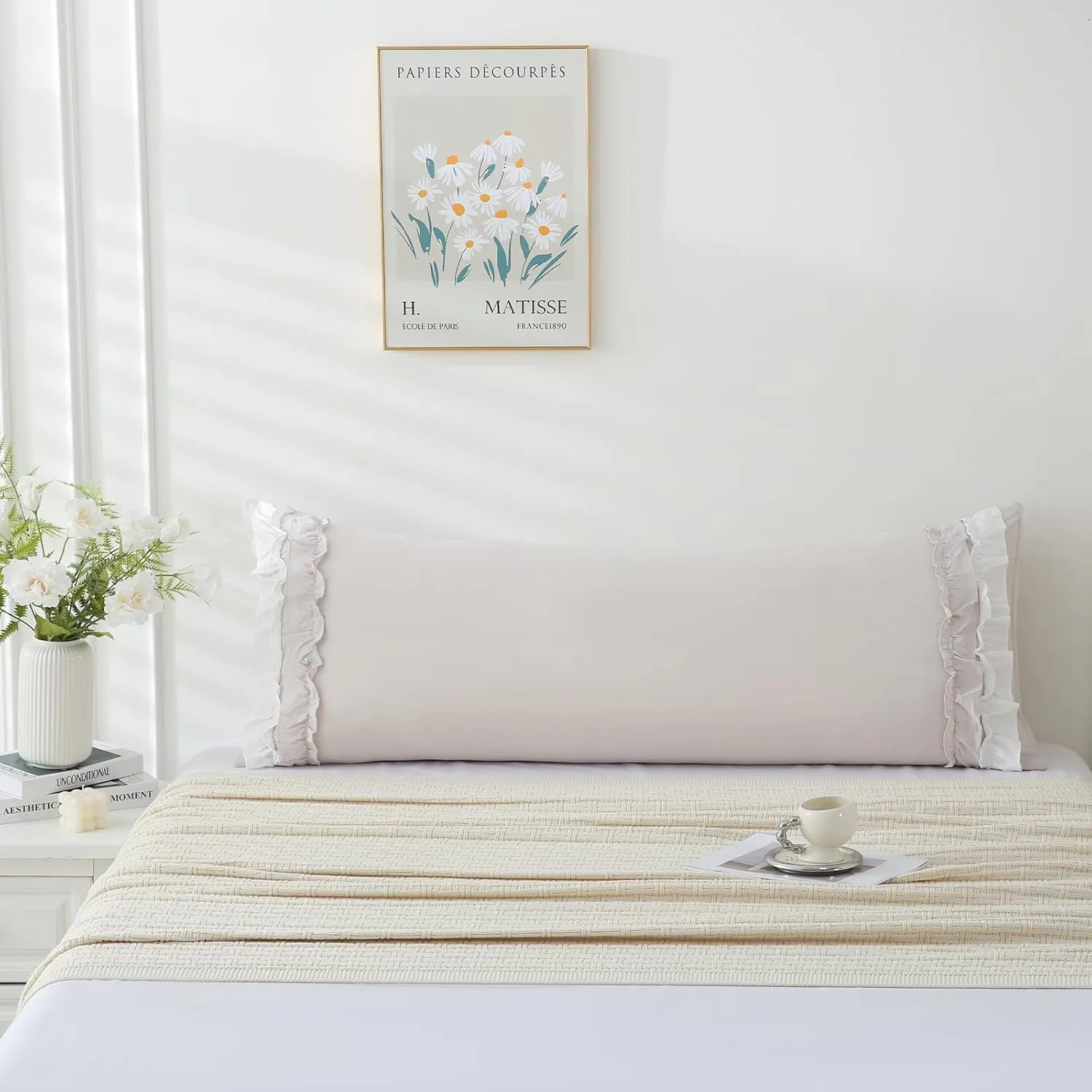 Herside Beige Body Pillow Cover,White Ruffle Pillow Sham,20x54 inches Body Pillow Case,French Country Vintage Ruffled Long Pillow Cover,Cute Bow Pillowcase 1 Pack Ultra Soft Washed Microfiber