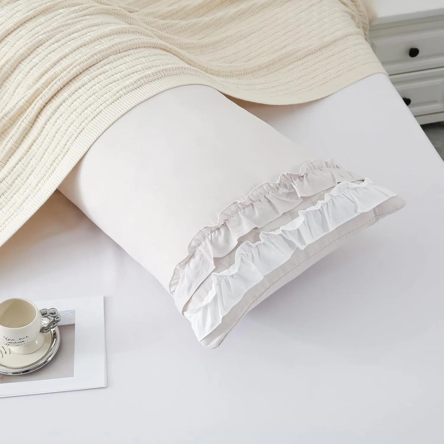Herside Beige Body Pillow Cover,White Ruffle Pillow Sham,20x54 inches Body Pillow Case,French Country Vintage Ruffled Long Pillow Cover,Cute Bow Pillowcase 1 Pack Ultra Soft Washed Microfiber