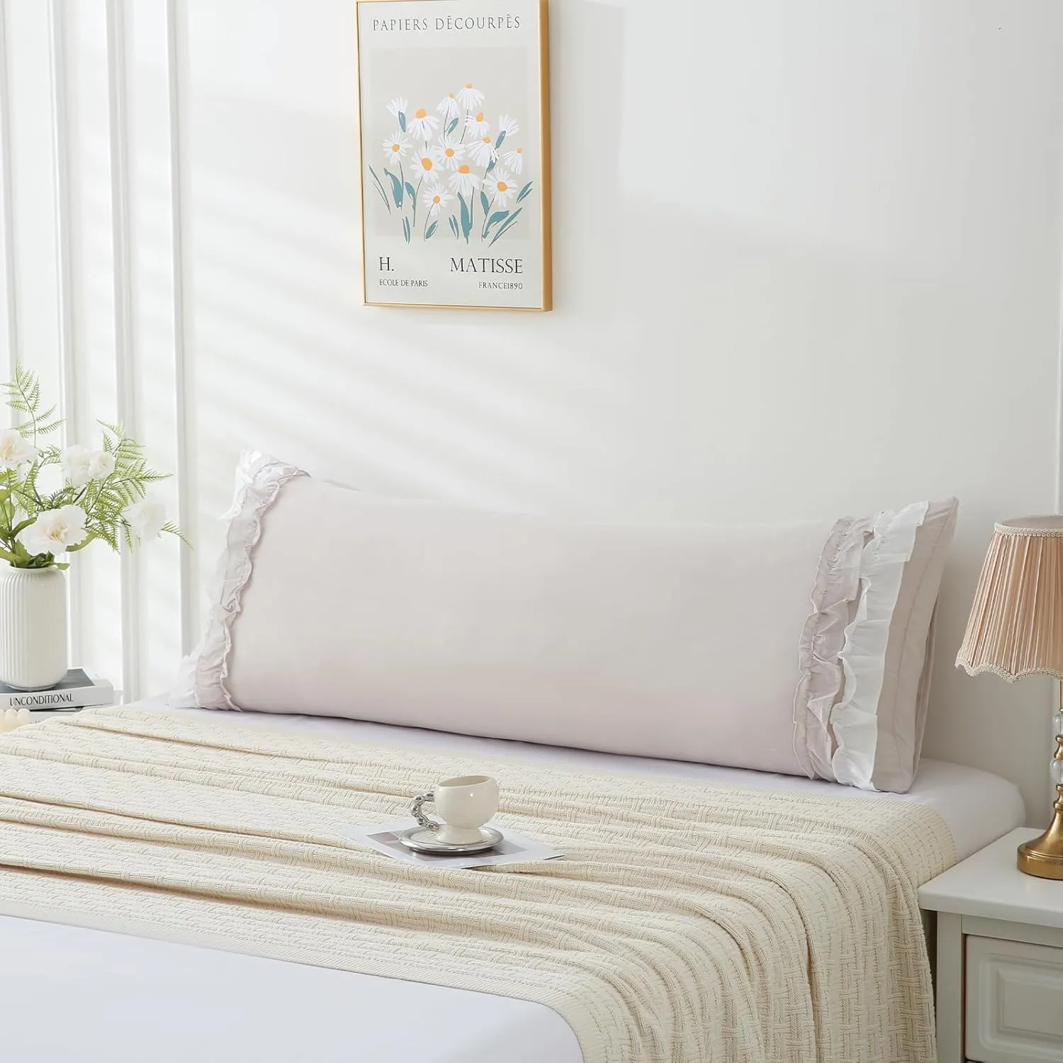 Herside Beige Body Pillow Cover,White Ruffle Pillow Sham,20x54 inches Body Pillow Case,French Country Vintage Ruffled Long Pillow Cover,Cute Bow Pillowcase 1 Pack Ultra Soft Washed Microfiber