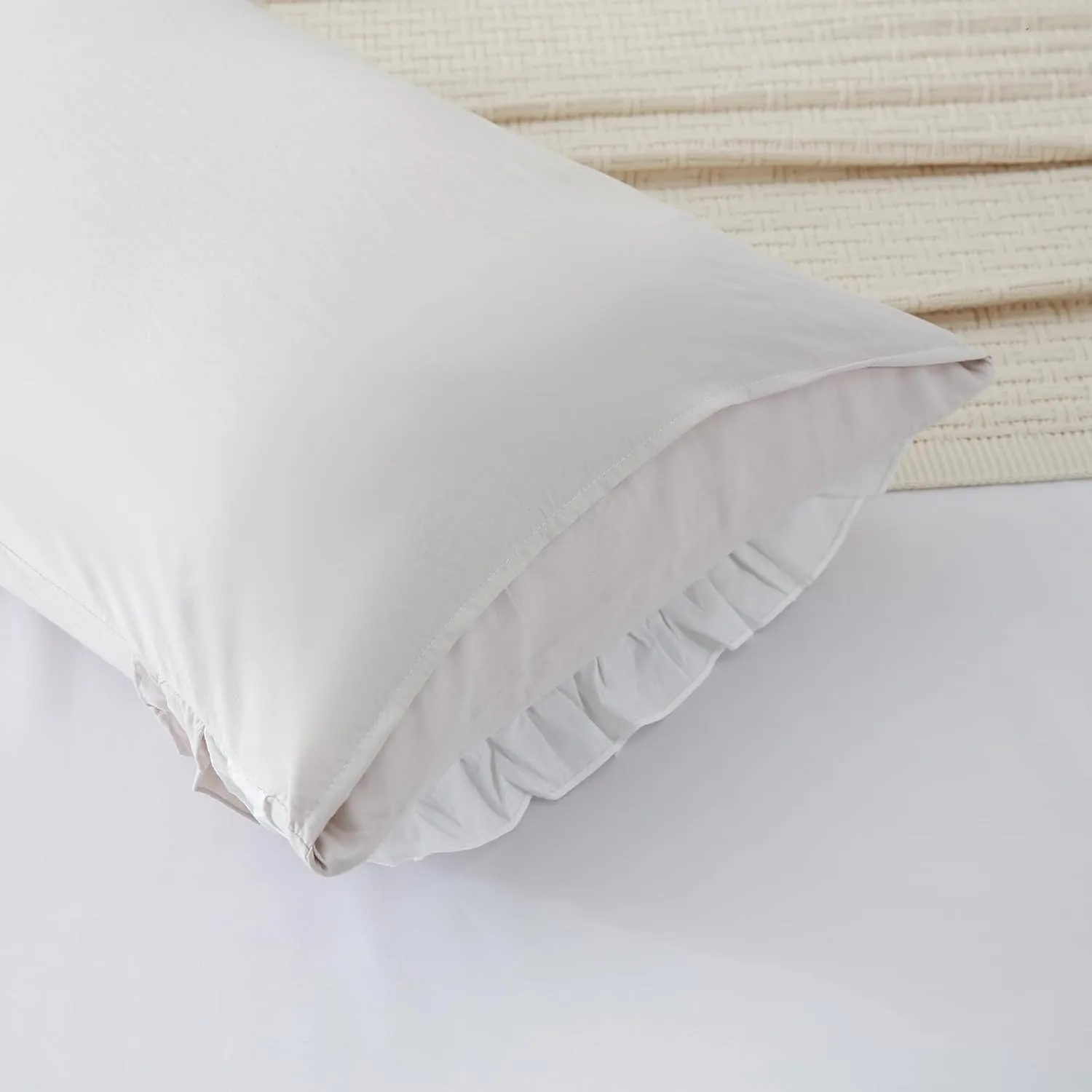 Herside Beige Body Pillow Cover,White Ruffle Pillow Sham,20x54 inches Body Pillow Case,French Country Vintage Ruffled Long Pillow Cover,Cute Bow Pillowcase 1 Pack Ultra Soft Washed Microfiber