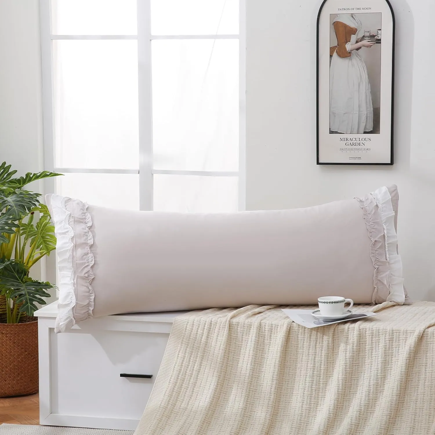 Herside Beige Body Pillow Cover,White Ruffle Pillow Sham,20x54 inches Body Pillow Case,French Country Vintage Ruffled Long Pillow Cover,Cute Bow Pillowcase 1 Pack Ultra Soft Washed Microfiber
