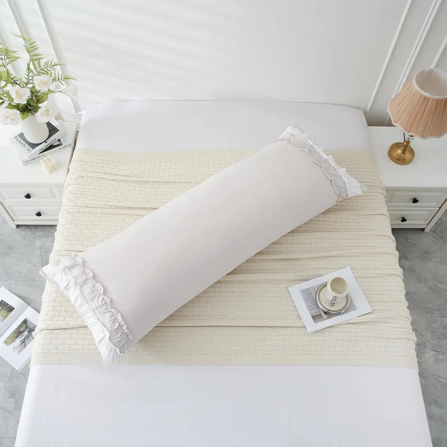 Herside Beige Body Pillow Cover,White Ruffle Pillow Sham,20x54 inches Body Pillow Case,French Country Vintage Ruffled Long Pillow Cover,Cute Bow Pillowcase 1 Pack Ultra Soft Washed Microfiber