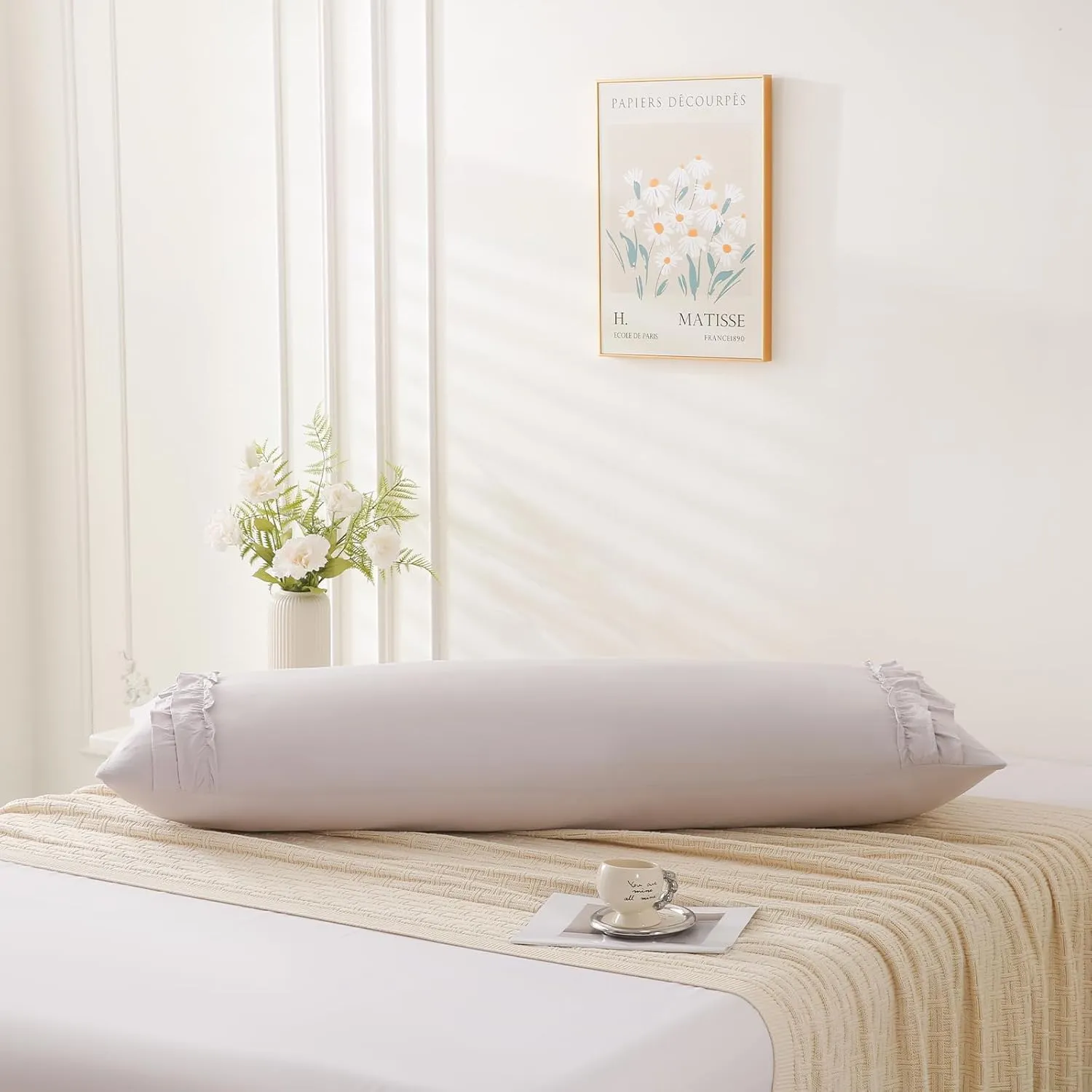 Herside Beige Gray Body Pillow Cover,Ruffle Pillow Sham,20x54 inches Body Pillow Case,French Country Vintage Ruffled Long Pillow Cover,Cute Bow Pillowcase 1 Pack Ultra Soft Washed Microfiber